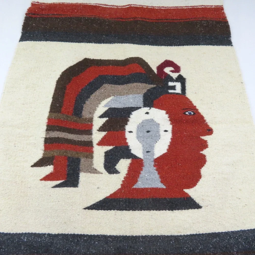 Mexican Style Woven Rug Wall Hanging- Aztec Chief Warrior 25 X 62 Vintage